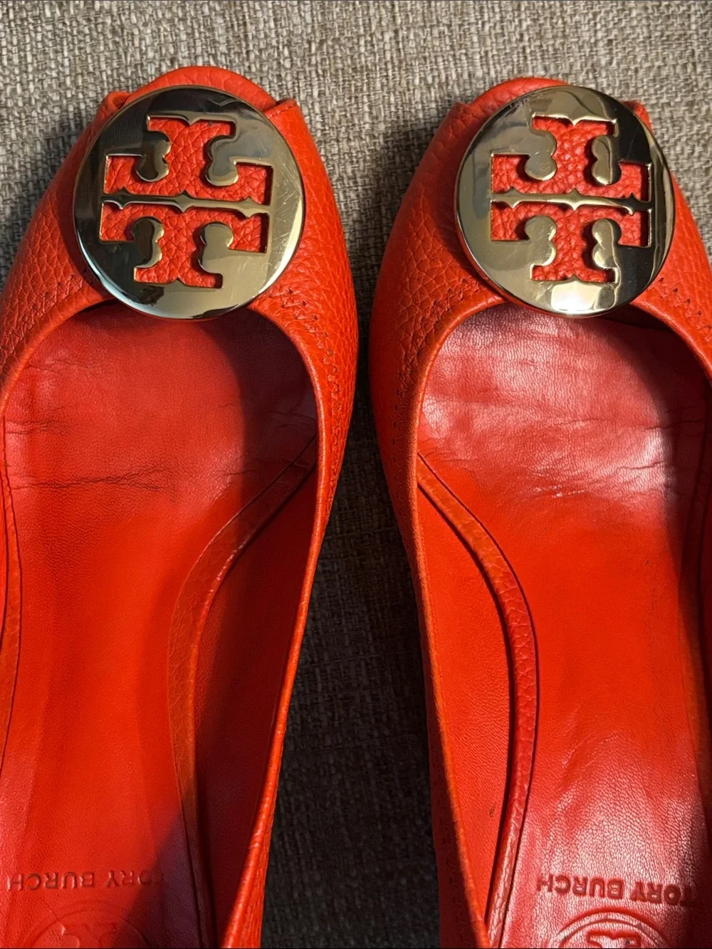 Tory Burch Sally Peep Toe Orange Pebbled Leather Sandals- 7